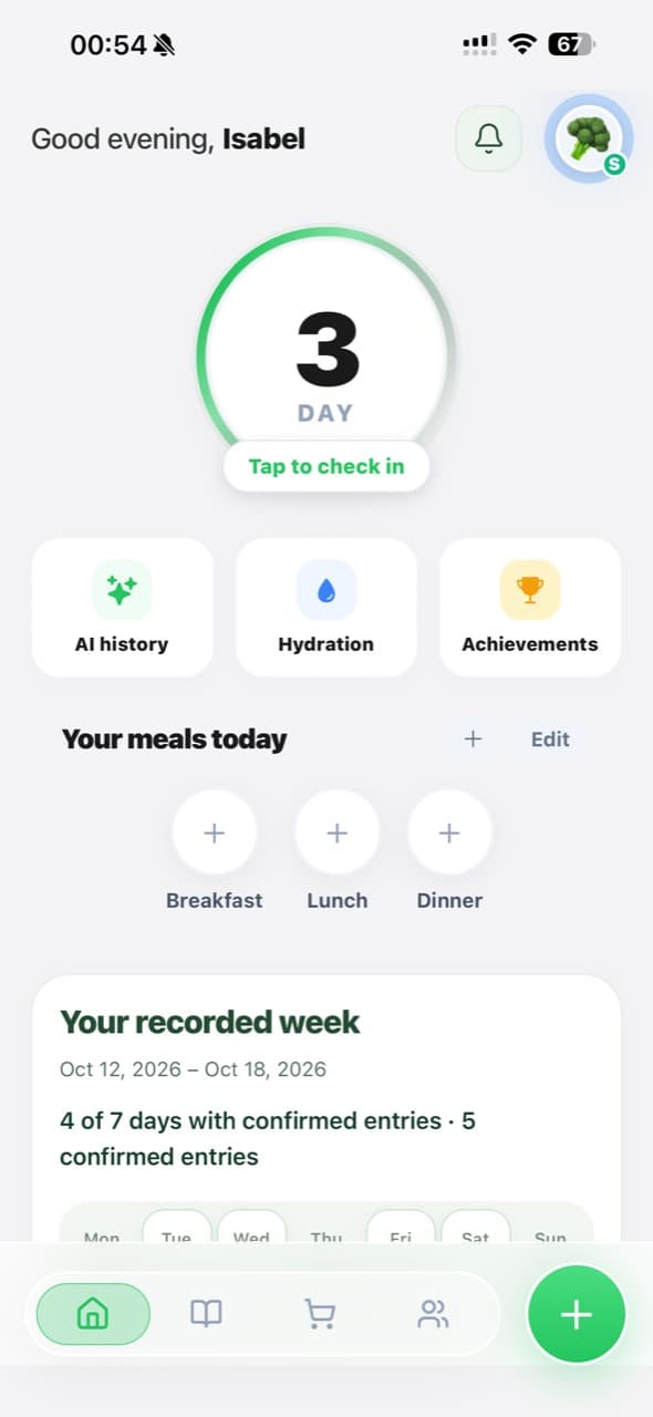 Captura real de la pantalla Home de VeganApp con racha, comidas del día y semana registrada.